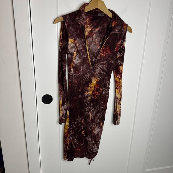 RUVE Tie Dye Cold Shoulder Cinched Long Sleeve Bodycon Dress Size Medium - Picture 1 of 7
